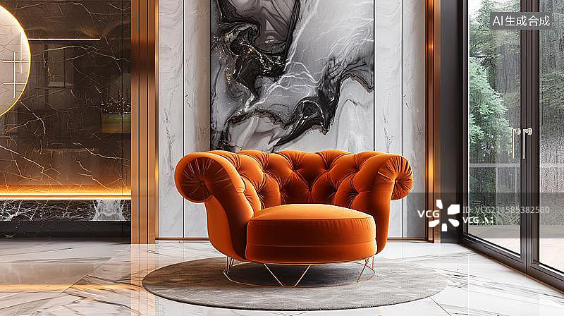 【AI数字艺术】橘色绒面单人沙发 现代客厅休闲一角图片素材