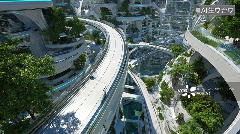 【AI数字艺术】未来城市高架轨道与绿色建筑图片素材