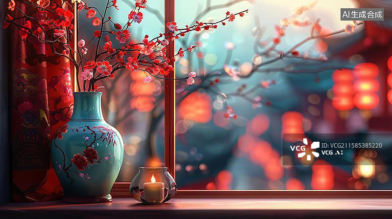 【AI数字艺术】花开富贵迎新春 红梅报春灯笼艳  春节张灯结彩喜庆氛围下的窗台花瓶中国风插画图片素材