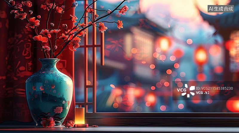 【AI数字艺术】花开富贵迎新春 红梅报春灯笼艳  春节张灯结彩喜庆氛围下的窗台花瓶中国风插画图片素材