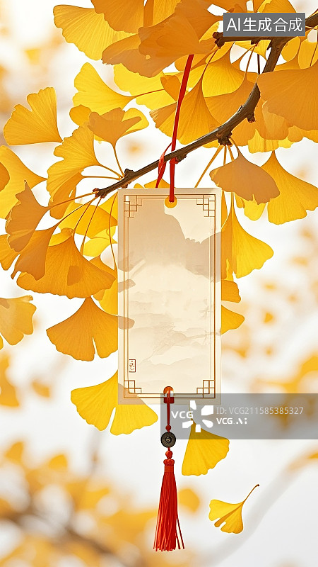 【AI数字艺术】新中式立秋节气插画，银杏树枝（金黄叶片+飘落黄叶）、红丝带+古风书签（流苏吊坠）图片素材