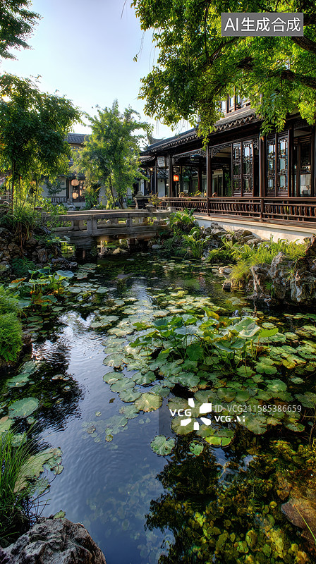 【AI数字艺术】古典园林中的池塘与廊桥图片素材