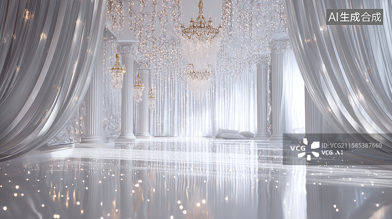 【AI数字艺术】华丽水晶吊灯与白色帷幔的梦幻场景图片素材
