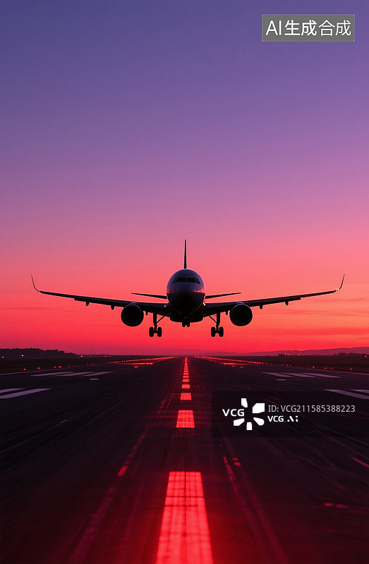 【AI数字艺术】夕阳下飞机降落图片素材