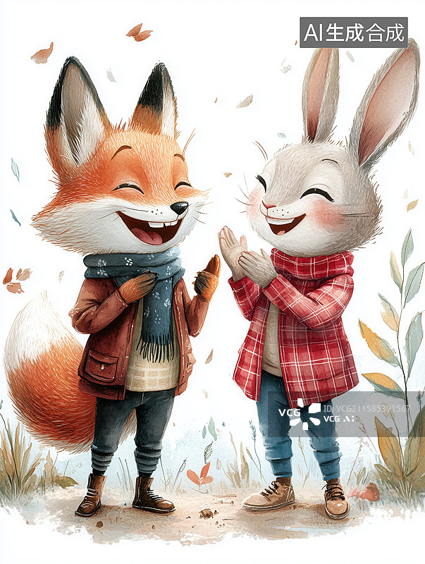 【AI数字艺术】狐狸和兔子插画图片素材