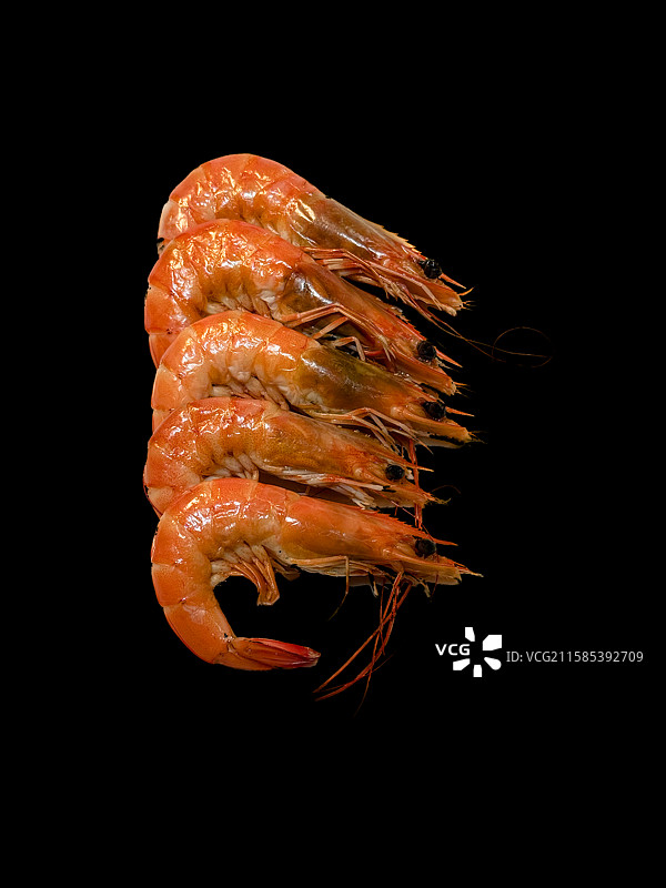 黑色背景下一排煮熟的大虾图片素材