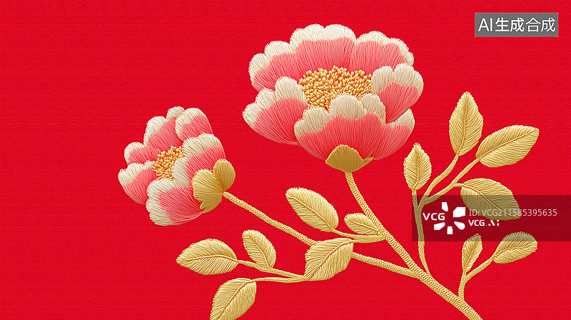 【AI数字艺术】红底牡丹刺绣装饰图案图片素材