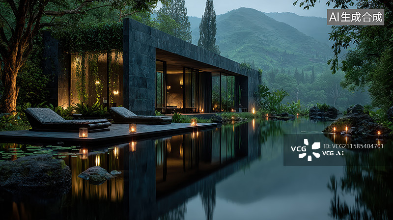 【AI数字艺术】现代别墅夜景，静谧山水环绕图片素材