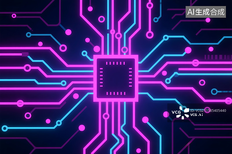 【AI数字艺术】芯片电路板平面线条设计 人工智能 科技感 霓虹灯 赛博朋克 科技海报素材背景图片素材