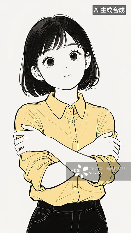 【AI数字艺术】衬衣，女孩，玩手机，可爱，平面插画图片素材