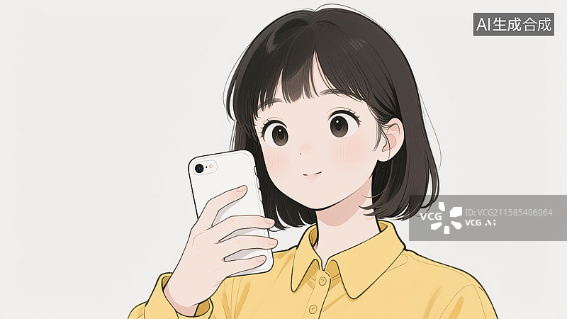 【AI数字艺术】衬衣，女孩，玩手机，可爱，平面插画图片素材