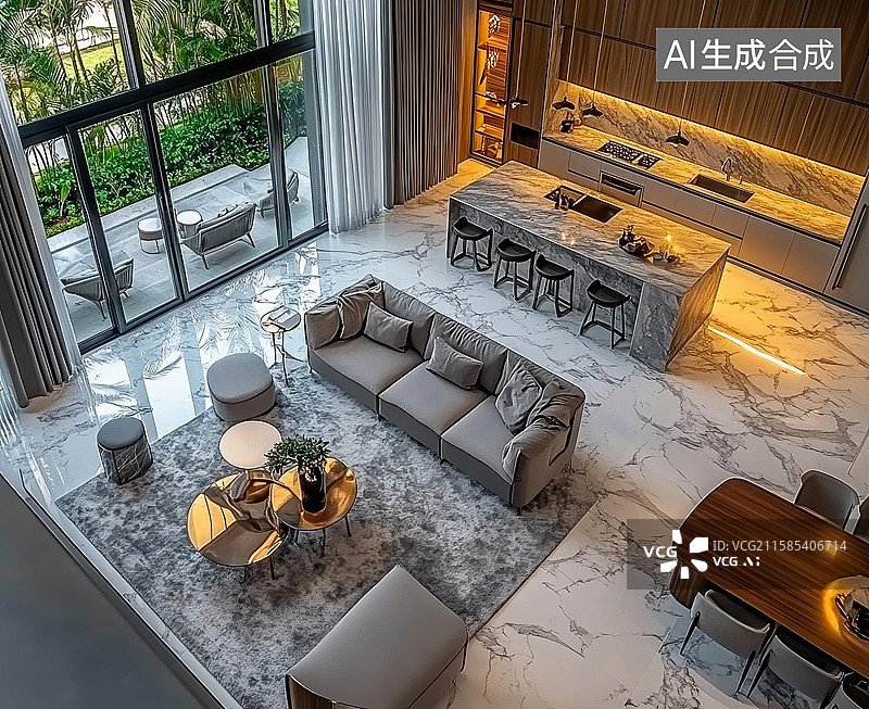 【AI数字艺术】现代豪华客厅与开放式厨房设计图片素材