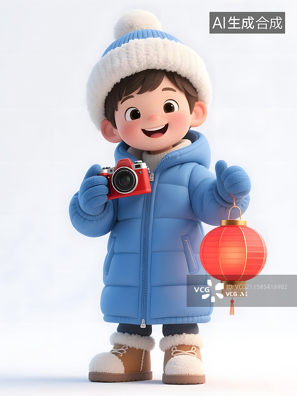 【AI数字艺术】拿着灯笼拍照的孩子游客图片素材