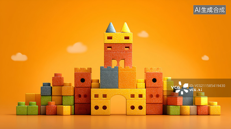 【AI数字艺术】积木搭建的城堡位于橙色背景中图片素材