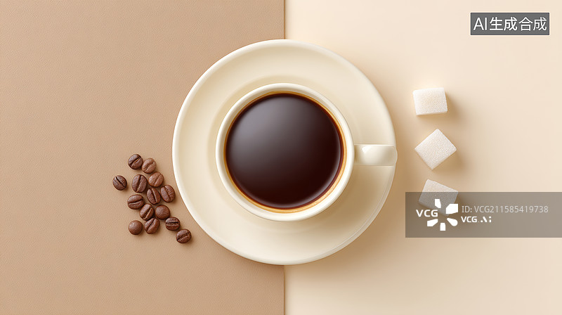 【AI数字艺术】咖啡杯旁放着咖啡豆和方糖图片素材