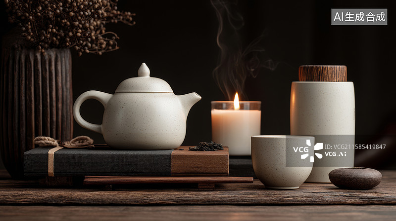 【AI数字艺术】木架上陈列着茶具蜡烛包装盒图片素材