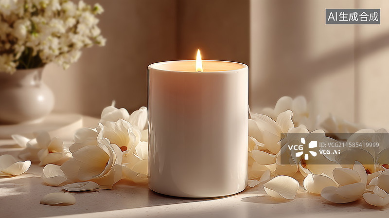 【AI数字艺术】香薰蜡烛和白色花图片素材