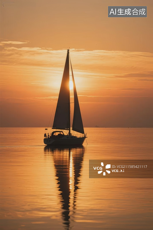 【AI数字艺术】夕阳帆船静谧湖面图片素材