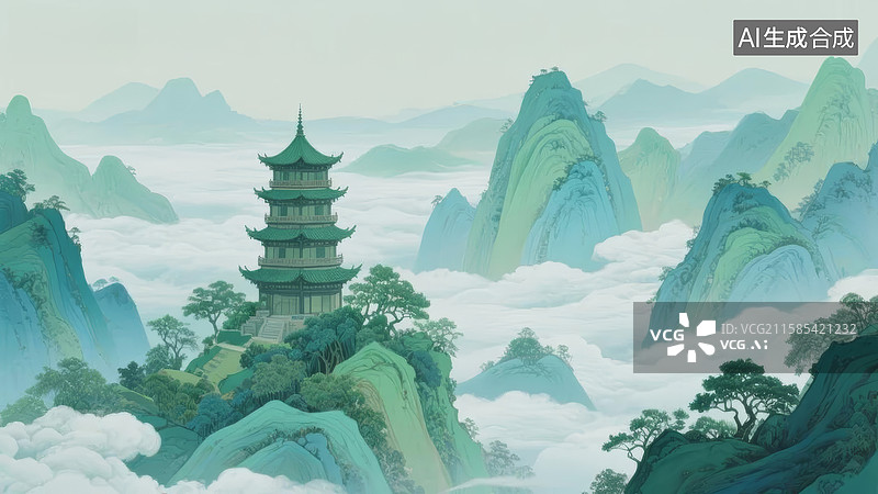 【AI数字艺术】山水云雾塔楼图片素材