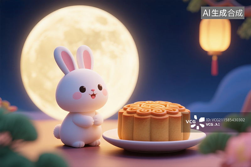 【AI数字艺术】中秋节 3D 插画可爱玉兔与月饼图片素材