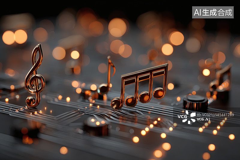 【AI数字艺术】播音设备上跳动的金色音符，演唱会海报图片素材