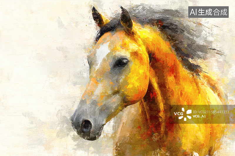 【AI数字艺术】油画风格，一匹金色的野马插画，马年海报图片素材