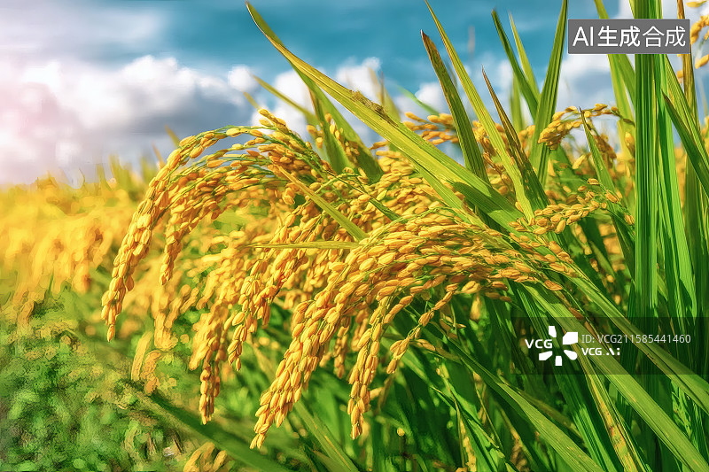 【AI数字艺术】寒露节气，蓝天白云，沉甸甸的稻穗图片素材