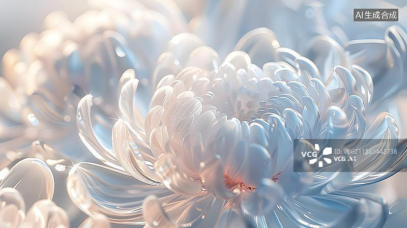 【AI数字艺术】粉色菊花花瓣的温柔绽放 梦幻光影下的菊花  透明菊花艺术背景  清新  花朵  干净  梦幻  背景图片素材