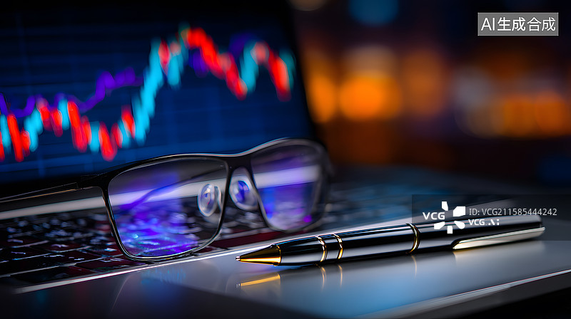 【AI数字艺术】眼镜与笔置于显示股票图表的笔记本电脑上图片素材