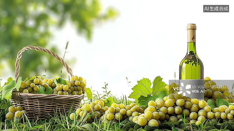 【AI数字艺术】阳光下的葡萄美酒 田园诗般的葡萄佳酿   葡萄酒庄园和白葡萄酒广告展示特写  篮中青葡萄与白葡萄酒图片素材
