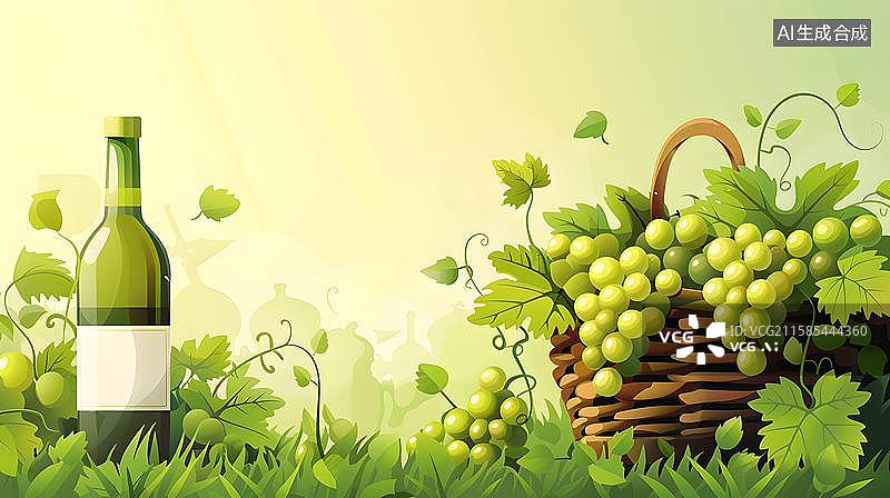 【AI数字艺术】阳光下的葡萄美酒 田园诗般的葡萄佳酿   葡萄酒庄园和白葡萄酒广告展示特写  篮中青葡萄与白葡萄酒图片素材