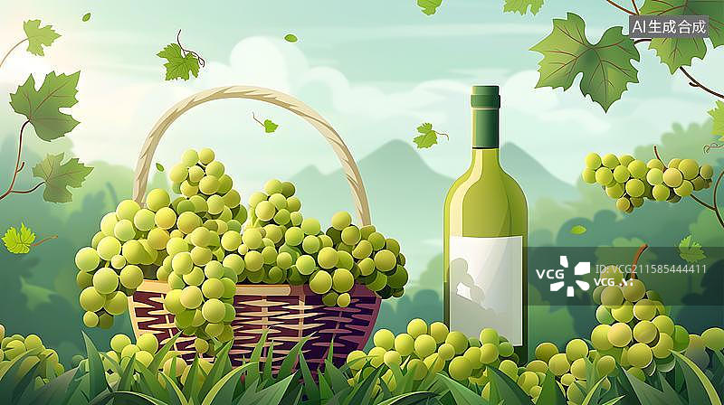 【AI数字艺术】阳光下的葡萄美酒 田园诗般的葡萄佳酿   葡萄酒庄园和白葡萄酒广告展示特写  篮中青葡萄与白葡萄酒图片素材