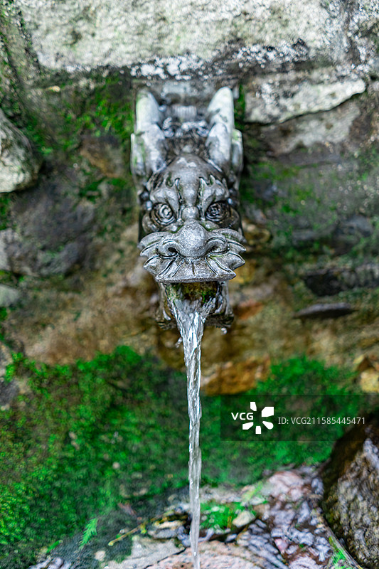 中国自然风光拍摄主题，山东泰安泰山长寿桥风景区，长寿泉龙头泉水和绿色的青苔苔藓，户外白昼无人图像摄影图片素材
