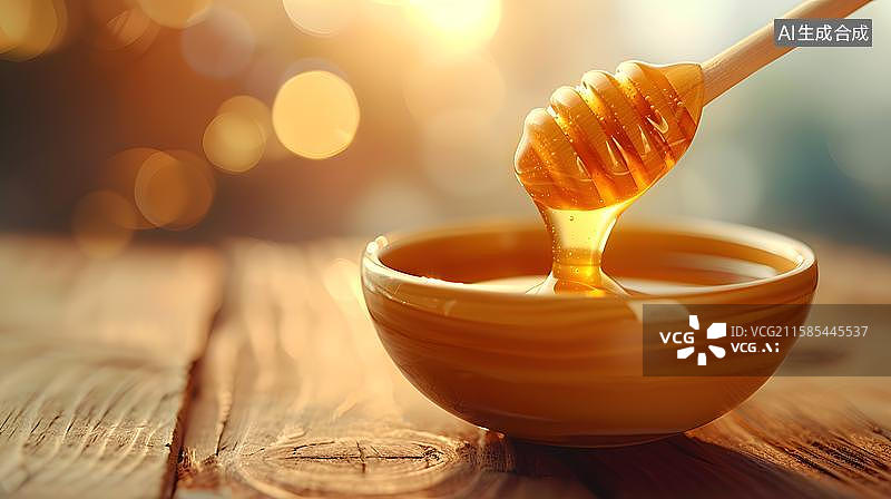 【AI数字艺术】甜蜜的金色诱惑 一勺浓情蜜意   蜂蜜从蜂巢棒滴入碗中画面   蜂蜜滴落，温暖灯光下的甜蜜瞬间图片素材
