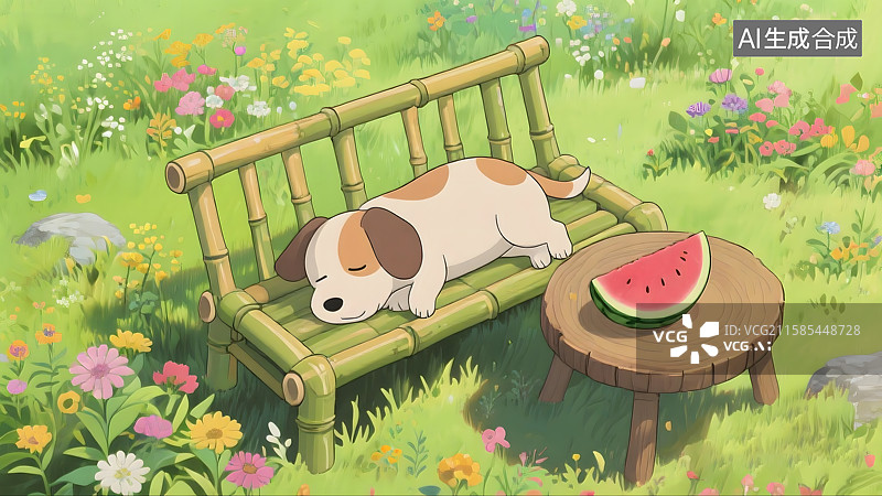 【AI数字艺术】夏天草地上，在西瓜旁边睡觉的小狗图片素材