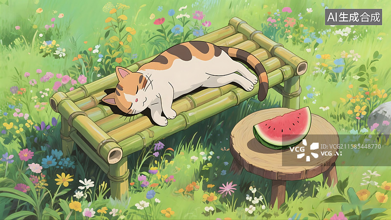 【AI数字艺术】夏天草地上，在西瓜旁边睡觉的小猫图片素材
