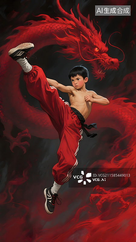 【AI数字艺术】中国风武术少年插画，背景是红色的中国龙图片素材