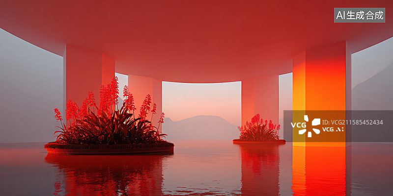 【AI数字艺术】红境山水映景图片素材