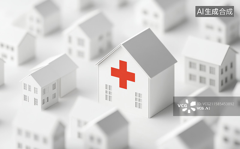 【AI数字艺术】3D三维白色卡通医院与城市模型背景医院图片素材