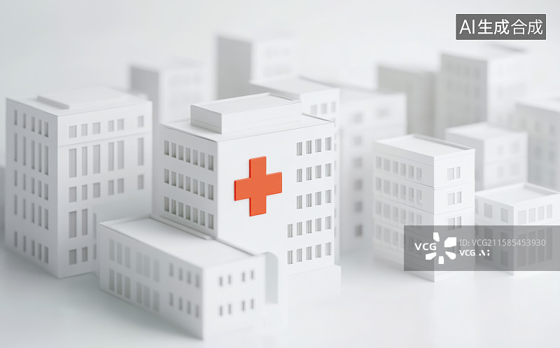 【AI数字艺术】3D三维白色卡通医院与城市模型背景医院图片素材
