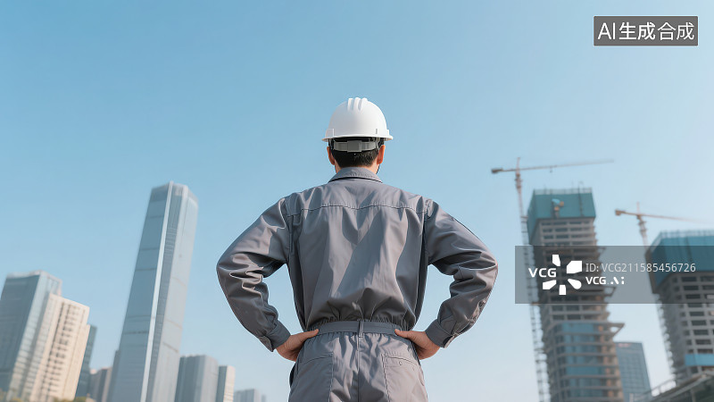 【AI数字艺术】户外正在建设的城市高楼背景下穿着灰色工装戴着白色工程安全帽的工程师叉着腰背影图片素材
