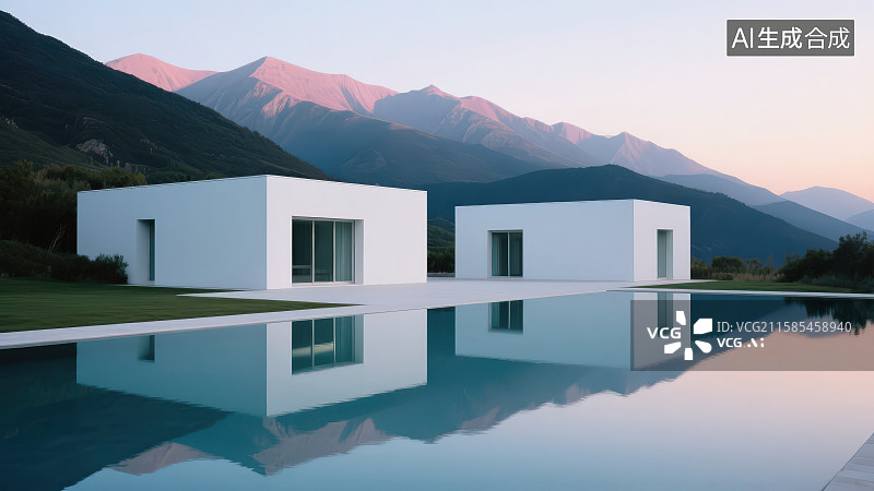 【AI数字艺术】高山下的极简现代建筑和人工湖形成倒影图片素材