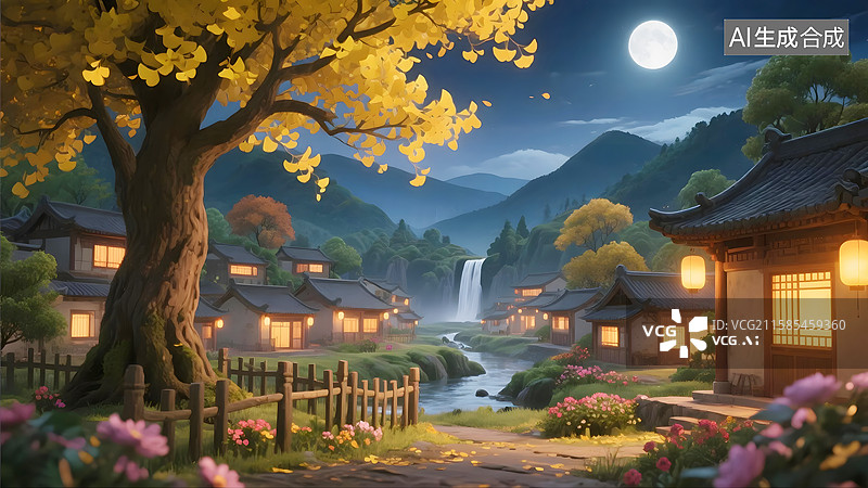 【AI数字艺术】AIGC：3D渲染秋日夜晚古代乡村风景，微缩景观，背景插图图片素材