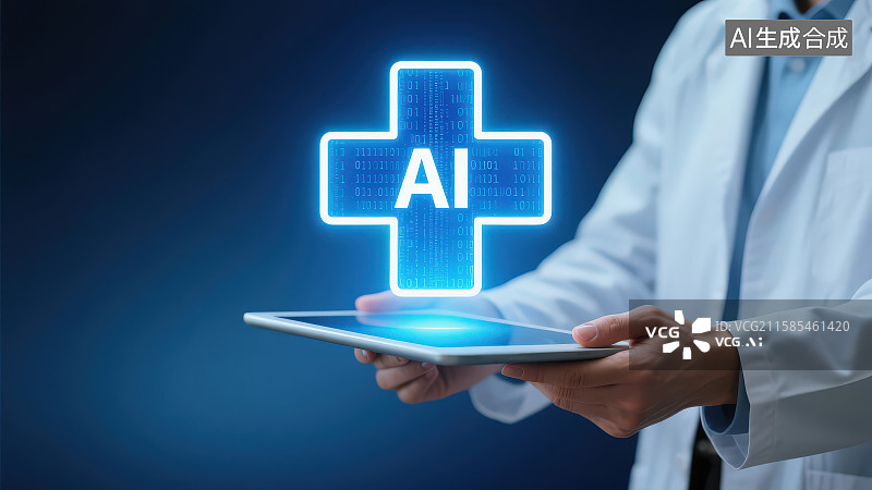 【AI数字艺术】医生双手拿着智能平板电脑全息投影一个蓝色发光十字架图标，未来人工智能智慧医疗科技概念图片素材