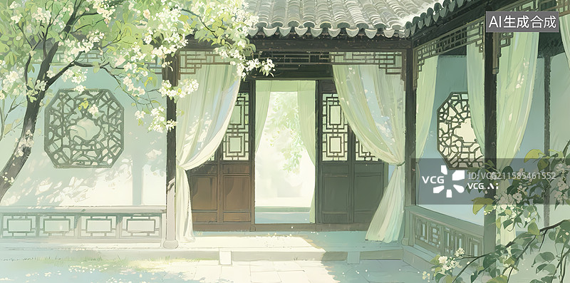 【AI数字艺术】古典庭院，花枝掩映的门窗图片素材