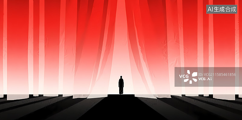 【AI数字艺术】红色幕布前的孤独身影图片素材