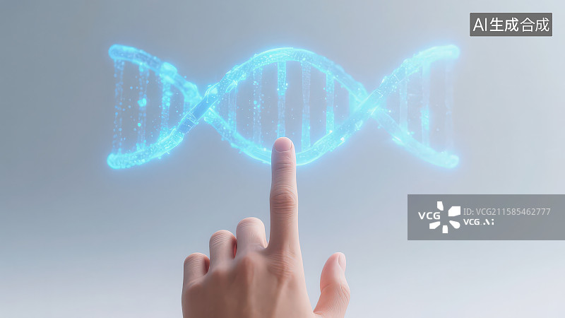 【AI数字艺术】一只手的手指触摸指着蓝色发光DNA基因模型图图片素材