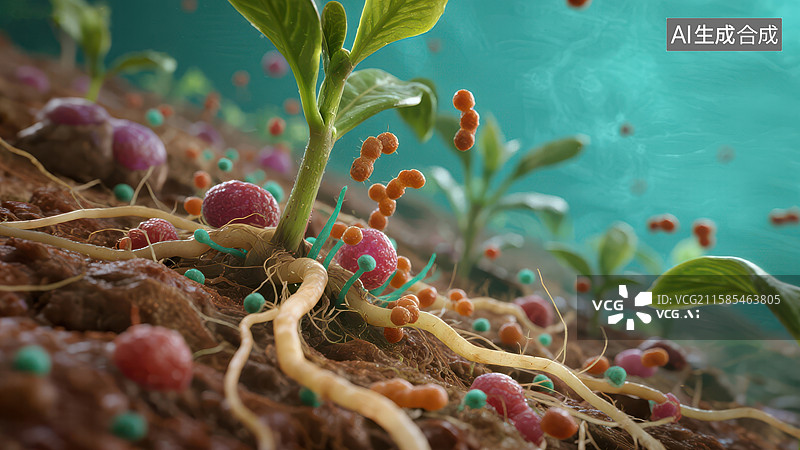 【AI数字艺术】植物根系与微生物共生场景图片素材