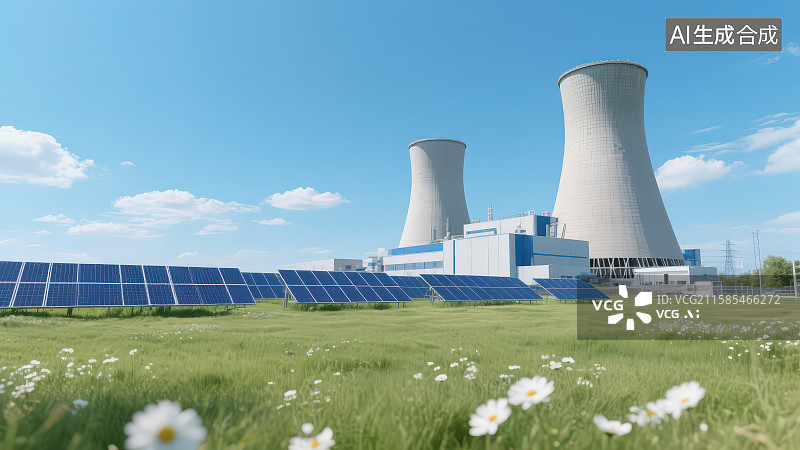 【AI数字艺术】蓝天白云下带有花朵的绿色草坪上有光伏太阳能板和两个高大的散热烟囱，工业发展绿色碳排放多元能源发电场图片素材