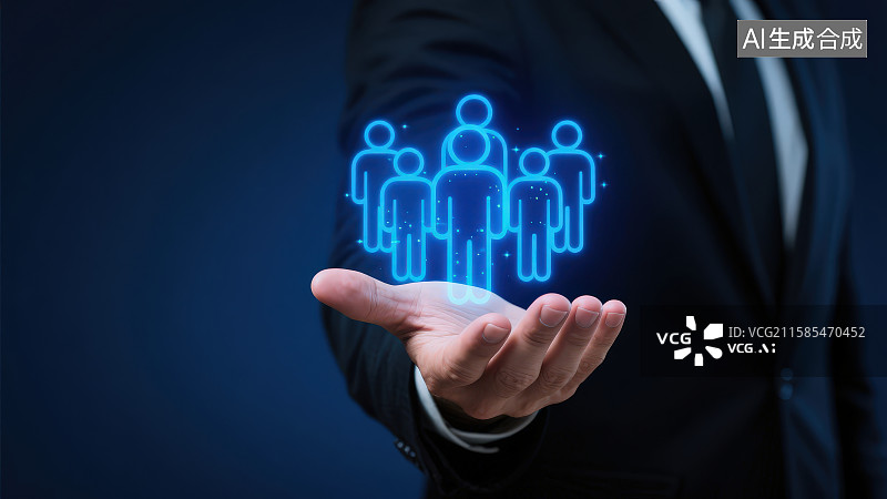 【AI数字艺术】一位穿着西装的男人的手上是发光人形图案标志，团队合作和团队领导概念人力资源主题商务背景图片素材